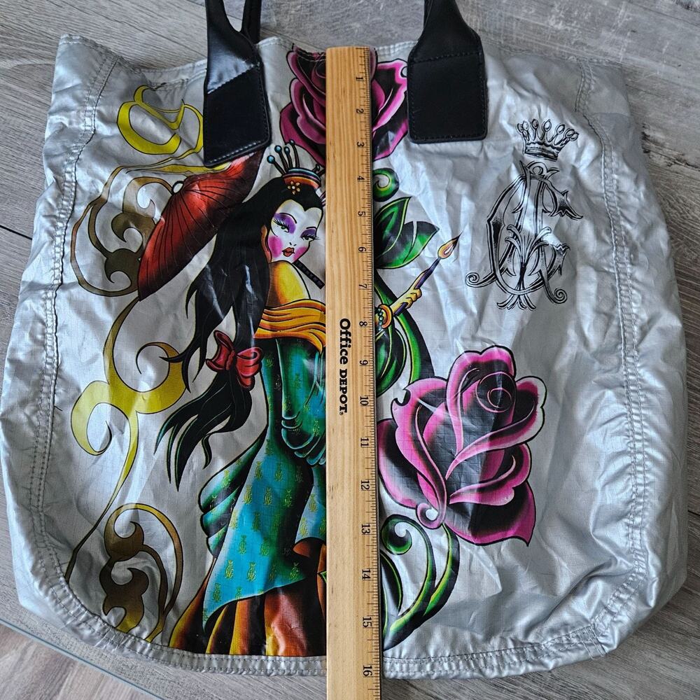Christian Audigier Y2K Silver Tote Bag Rose Queen Geisha Ed Hardy Graphic Print‎ - Picture 10 of 16